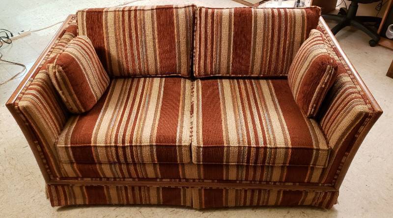 lot 2482 image: Vintage Broyhill Brown Striped Loveseat - 59 in. long