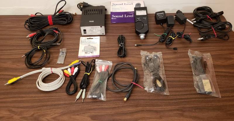 lot 2485 image: Lot of micronta regulated 12 volt power supply, sound level meter, and various types of hook up cables