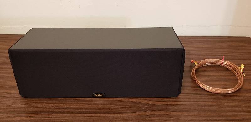 lot 2493 image: Paradigm CC-370 V.2 High Definition Center Speaker with Cable - 22 in. x 9 in. x 8 in. - works
