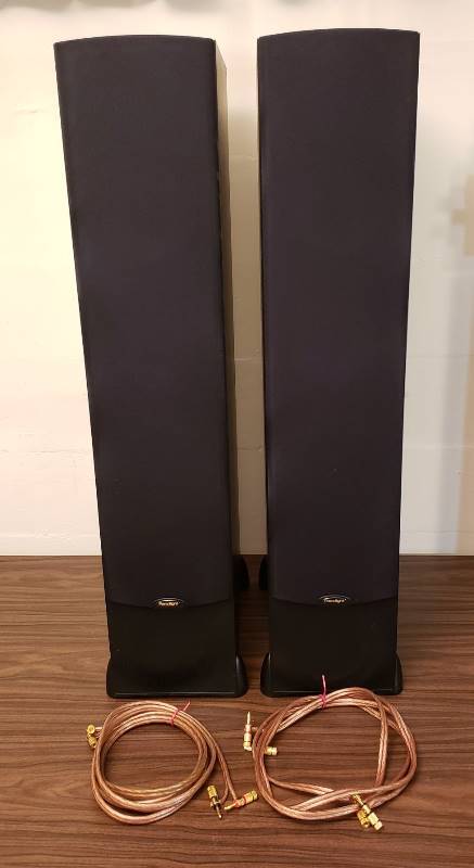 lot 2495 image: Pair of Paradigm Monitor 7 V.2 Speakers with Cables - Works - 8 in. x 14 in. x 38 in. tall each