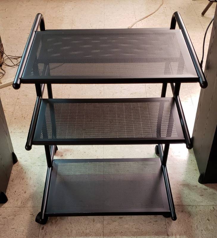 lot 2497 image: Black Metal Multi-Shelf Media Stand on Casters - 25 in. x 27 in. x 31 in.