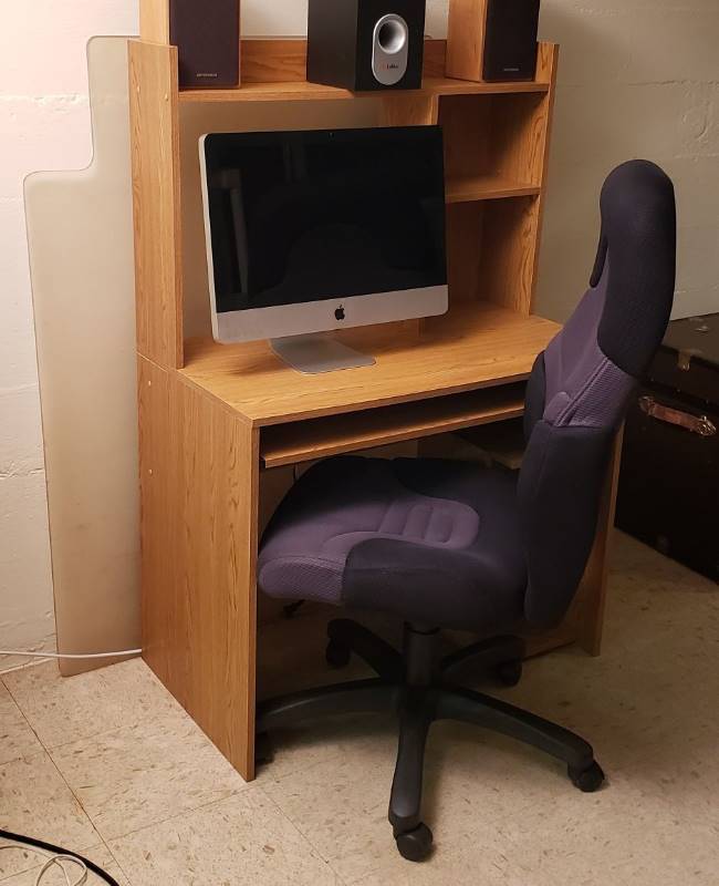 lot 2498 image: Talon System Wood Computer Center (36 in. x 20 in. x 52 in.), Black Fabric Covered Office Chair , and Carpet Protector Mat - computer & speakers not included