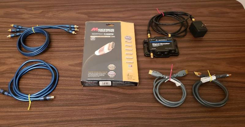 lot 2502 image: M Series Ultimate High Speed HDMI Cable (NIB), Motorola Signal Booster , HDMI Cables, and 2 AR Cables