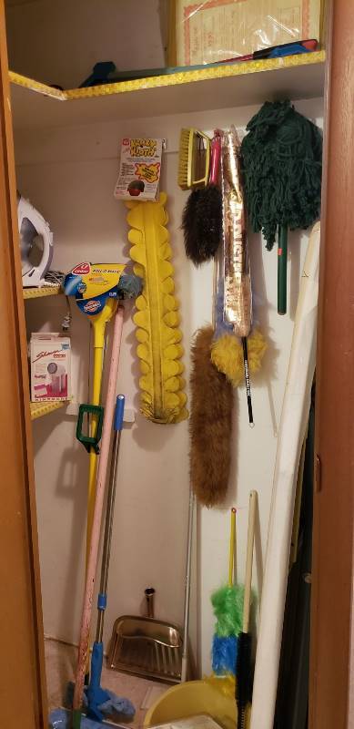 lot 2538 image: Lot of Cleaning Closet - Cleaning Tools, Ironing Board, Rowenta Iron (works), and Handi-Grabbers