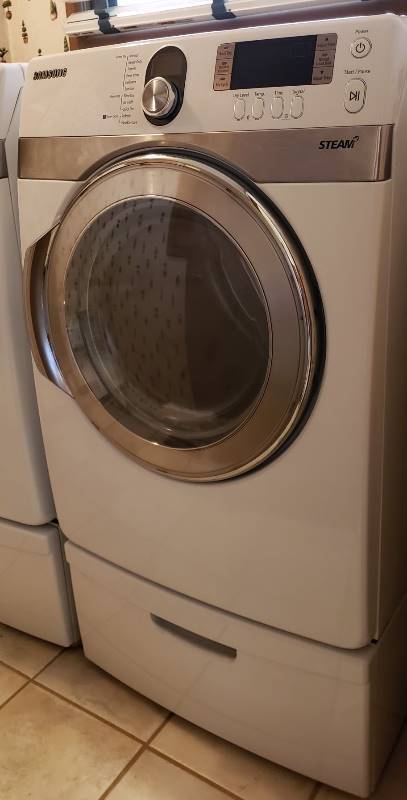 lot 2541 image: White Samsung Front Load VRT Steam Electric Dryer Model - DV448AEW with Drawer Pedestal - 28 in. x 32 in. x 52 in