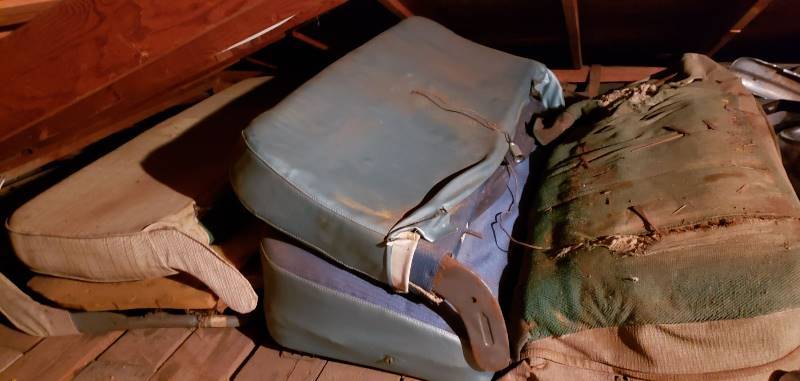 lot 2630 image: Kaiser 1950s Car Parts - 2 set of Bench Seats - one Blue and one Green - Also, Blue Headliner - in Garage Attic