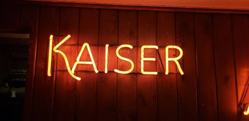 lot 2636 image: Kaiser Neon Sign with Transformer...This will need to be removed by the buyer 29 in. x 9 in.