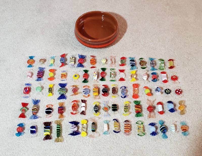 lot 2655 image: (75) Vintage Murano Glass Wrapped Candies with Italian Footed Crock Bowl