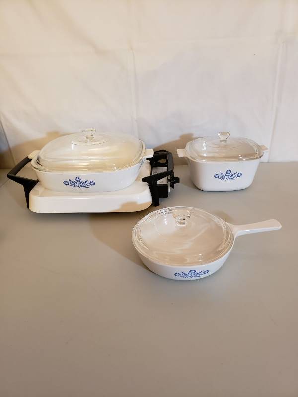 lot 2665 image: (3) Vintage Blue Cornflower Pattern Corningware Dishes with Lids and Corningware Electromatic Electric Skillet