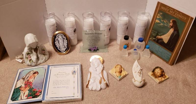 lot 2677 image: Religious Items - Candles, Holy Water, Holy Mary Lamp (works), Wall Decor, and other items