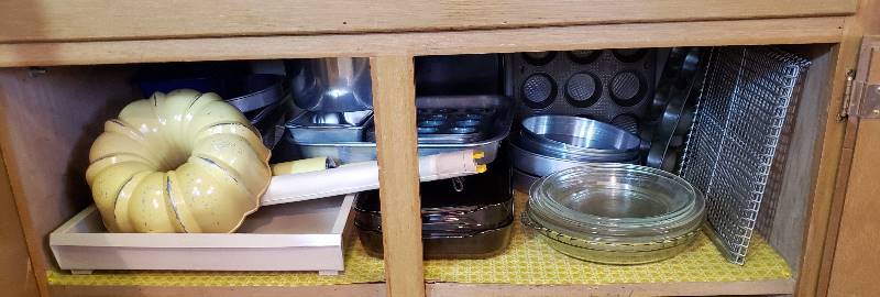 lot 2698 image: Shelf Full of Baking Pans  Utensils - Rubbermaid Pullout Drawer not included