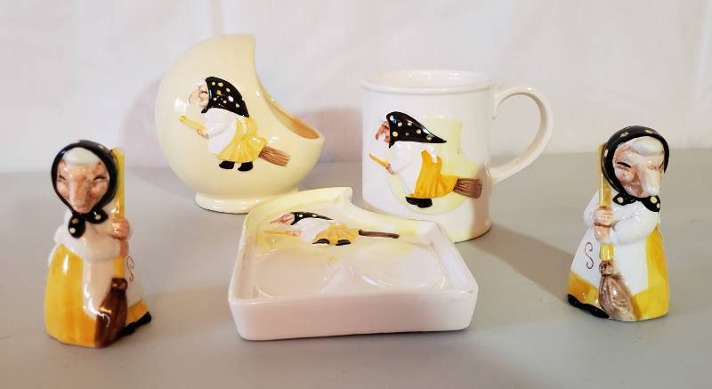 lot 2709 image: Japanese Health & Happiness Kitchen Witch Set - one witch broom handle has chip
