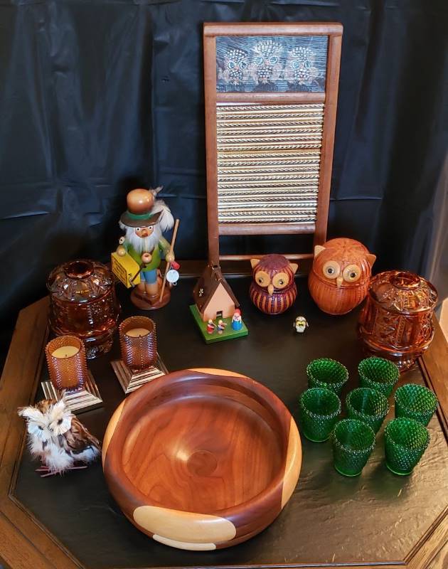 lot 2717 image: Lot of Various Collectibles - Amber Candle Holders, Owls, West Germany Musical Figurine, and Turned Wood Bowl
