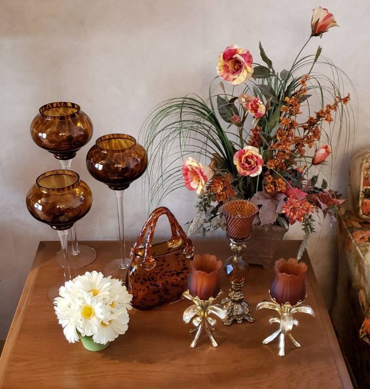 lot 2719 image: Lot of Various Collectibles- 3 pieces Glass Goblets, Glass Purse Vase, Candleholders, and Flower Arrangements