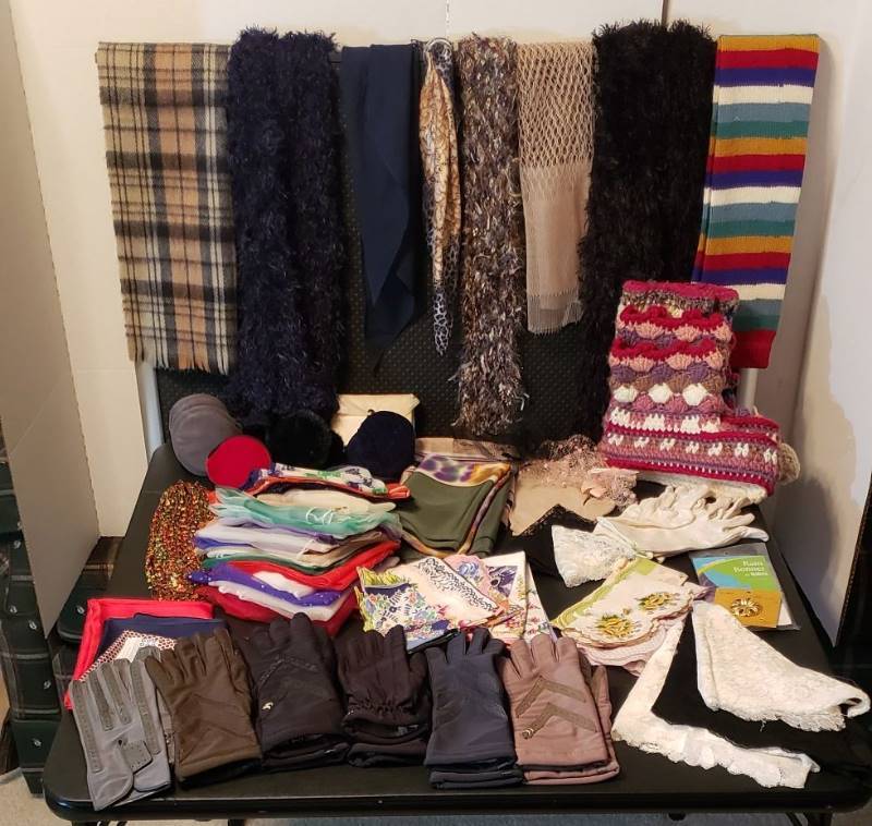 lot 2729 image: Lot of Ladies Accessories - Isotoner Gloves, Scarves, Ear Muffs, Knit Booties, and Handkerchiefs