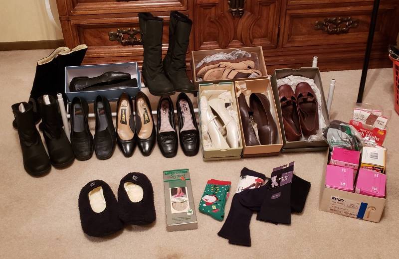 lot 2753 image: Lot of Womens Shoes Sises 7 12 and 8 with Hosiery and Shoe Rack