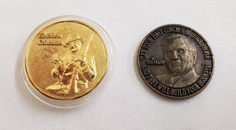 lot 2782 image: 2 Brass Coleman Medallions - both are 1 12 in. diameter