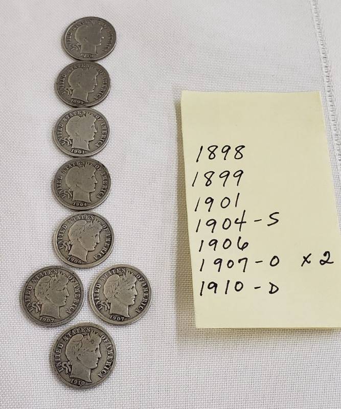 lot 2788 image: Lot of 8 Barber Dimes (1898, 1899, 1901, 1904 S, 1906, 1907 O (2), & 1910 D)