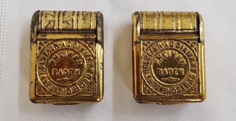 lot 2793 image: 2 German Antique Mailbox Style Match  Stamp Holder - Metal - 1 12 in. x 2 12 in.