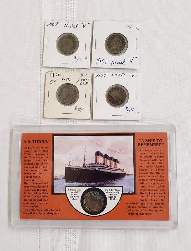 lot 2797 image: U.S. Liberty Head (Barber) Nickels (1887, 1901, 1906, 1907, and 1912) with S.S. Titanic Souvenir