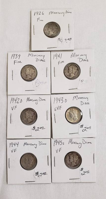 lot 2798 image: Lot of 7 Mercury Dimes (1926, 1939, 1941, 1942D, 1943D, 1944, 1945S)
