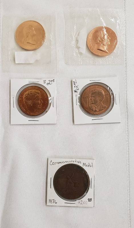 lot 2799 image: 4 Presidential Medallions and 1876 Commemorative Medal