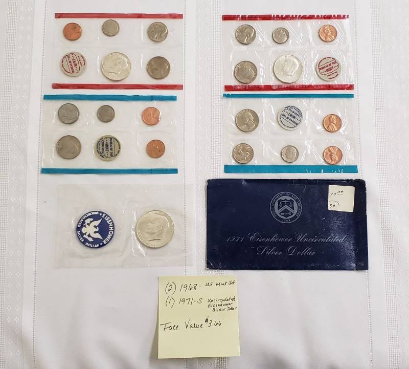 lot 2800 image: 2 US Mint 1968 Proof Sets & a 1971 S Uncirculated Eisenhower Silver Dollar