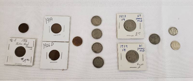 lot 2802 image: Lot of US Coins prior to 1946 - Indian Head Cent, Wheat Cent, Barber Nickles, Buffalo Nickles, and Mercury Dimes