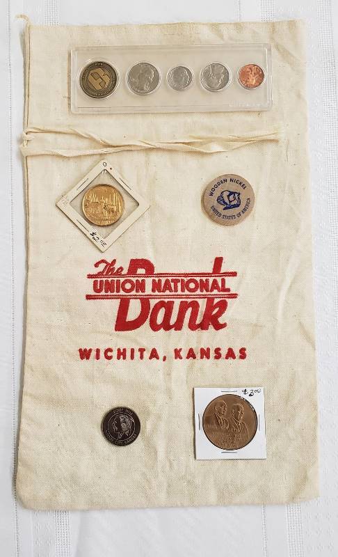 lot 2805 image: Lot of Kansas Bank Souvenirs, Territorial Centennial medallion, and Tourist Souvenirs