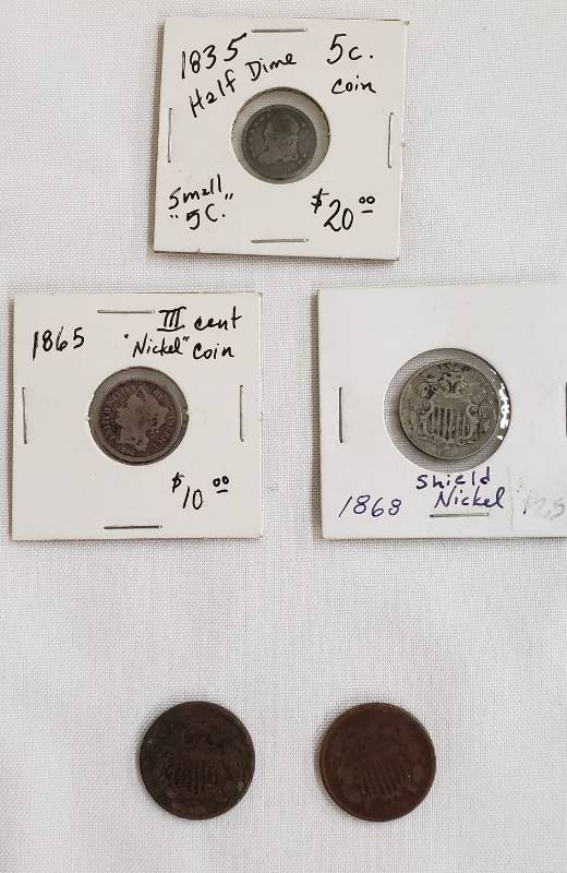lot 2806 image: Lot of 1800s Coinage (1835 Half Dime, 1865 III Cent, 1868 Shield Nickle, and 1865 & 1866 Two Cent Coins)