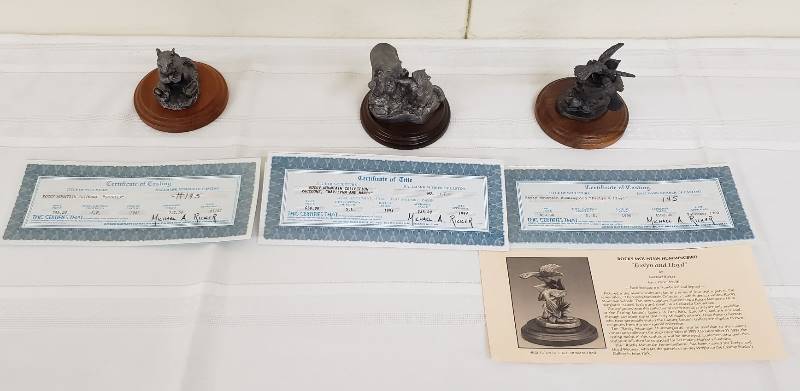 lot 2818 image: 3 Rocky Mountain Collection by Michael A. Ricker - Chipmuck, Raccoons, and Hummingbird