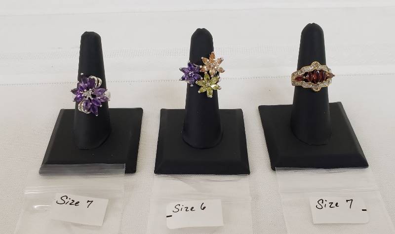 lot 2831 image: Lot of 3 Ladies Rhinestone Costume Rings - Sizes in Picture