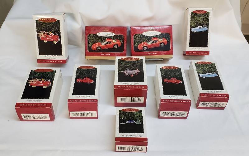 lot 2881 image: Hallmark Keepsake Ornaments (NIB) - Vehicles - Corvette, Fire Truck, Thunderbird, and Others (10 Total)