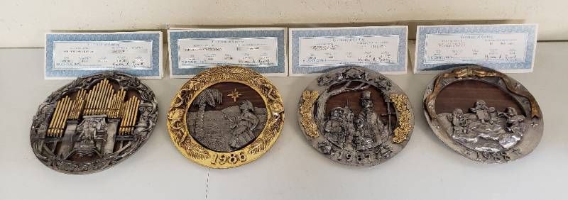 lot 2928 image: Lot of 3 Michael Ricker Pewter Annual Plates - 1985, 1986, 1987, & 1988