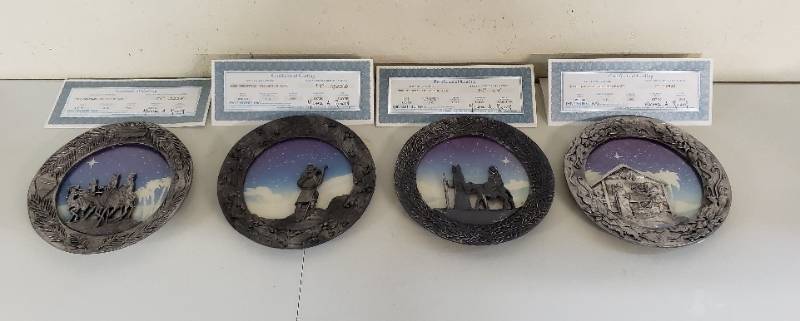 lot 2929 image: Lot of 3 Michael Ricker Pewter Annual Plates - 1988, 1989, 1990, & 1991