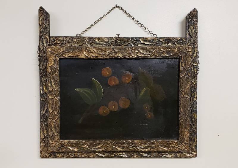 lot 2932 image: Antique Wooden Wall Pocket - Cherries - Folk Art - 13 in. x 13 in.