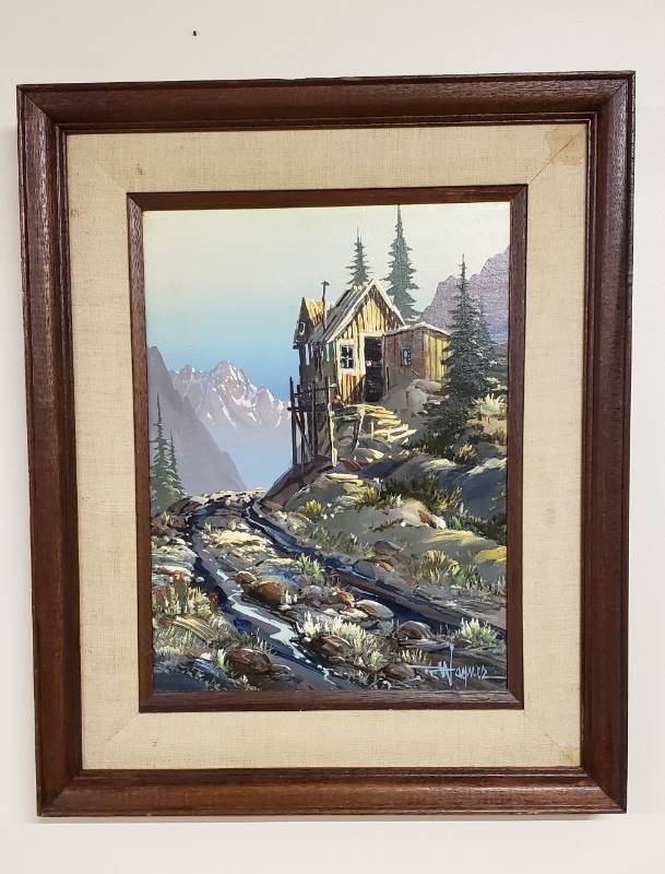 lot 2937 image: Original Arcrylic Painting by Michael Wagner - Miners Camp on Rock Ledge - Frame is 19 in. x 23 in. - slight water damage on frame