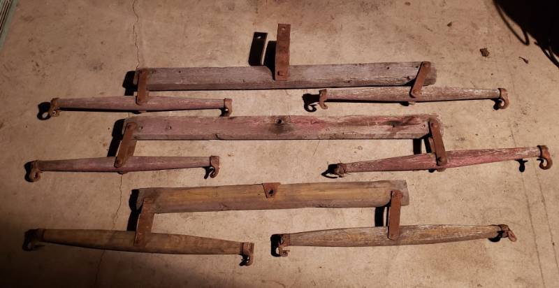 lot 2952 image: Lot of 3 Double Tree Horse Drawn Wagon Hitches - between 62 in. to 72 in. long