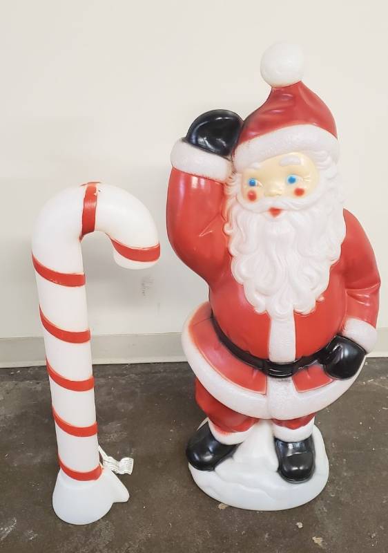 lot 2954 image: Vintage General Foam Plastics Santa Blow Mold (40 in. tall) and Plastic Lighted Candy Cane - both work