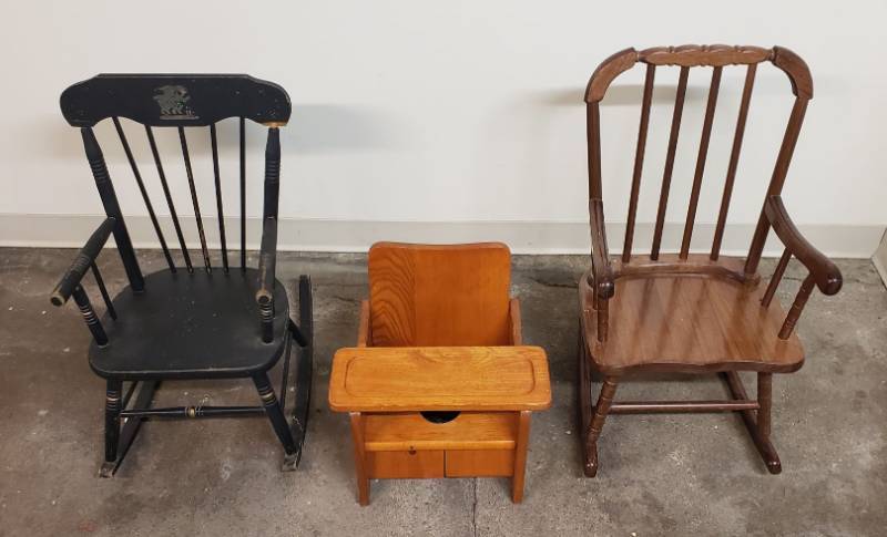 lot 2960 image: Lot of Kids Wooden Furniture Items - 2 Rockers and Potty Chair