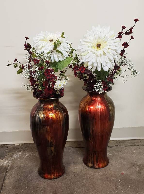 lot 2961 image: Pair of Glazed Terra Cotta Vases with Faux Flowers - vases are 20 in. tall