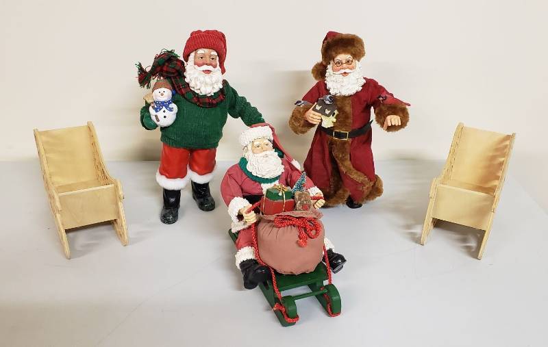 lot 2963 image: Lot of 3 Fabrique Mache Santas and 2 Wood Sleighs - Standing Santas are 10 in. tall