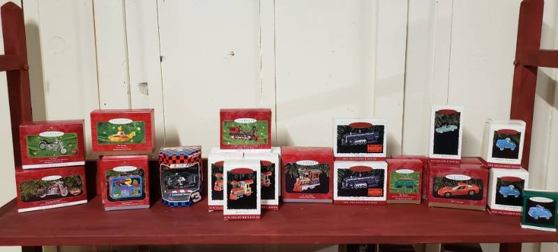 lot 2979 image: Lot of Hallmark Keepsake Ornaments - Trains, Harleys, Cars, Beatles, and Superman