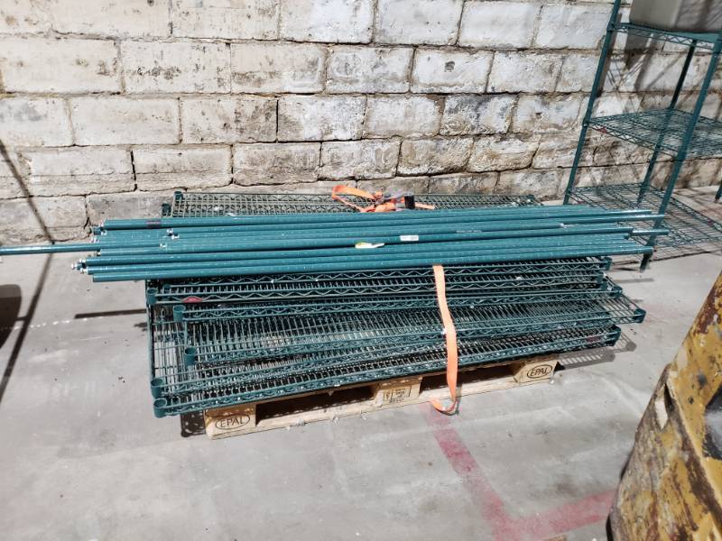 lot 1470 image: Large lot of various coated metro style racks- shelves & poles