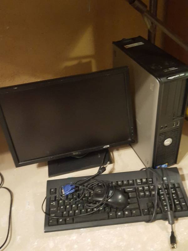 lot 3353 image: Dell Optiplex 780 computer with monitor keyboard and mouse. Intel Quad-core Q9400 2.66 GHz, 4GB DDR3 Ram, 160GB HDD, DVD-RW Drive Windows 7 Pro Installed with attached COA.