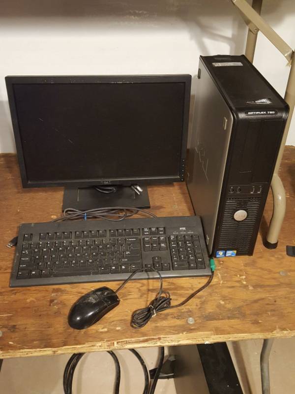 lot 3361 image: Dell Optiplex 780 computer with monitor keyboard and mouse. Intel Quad-core Q9400 2.66 GHz, 4GB DDR3 Ram, 160GB HDD, Windows 7 Pro Installed with attached COA.