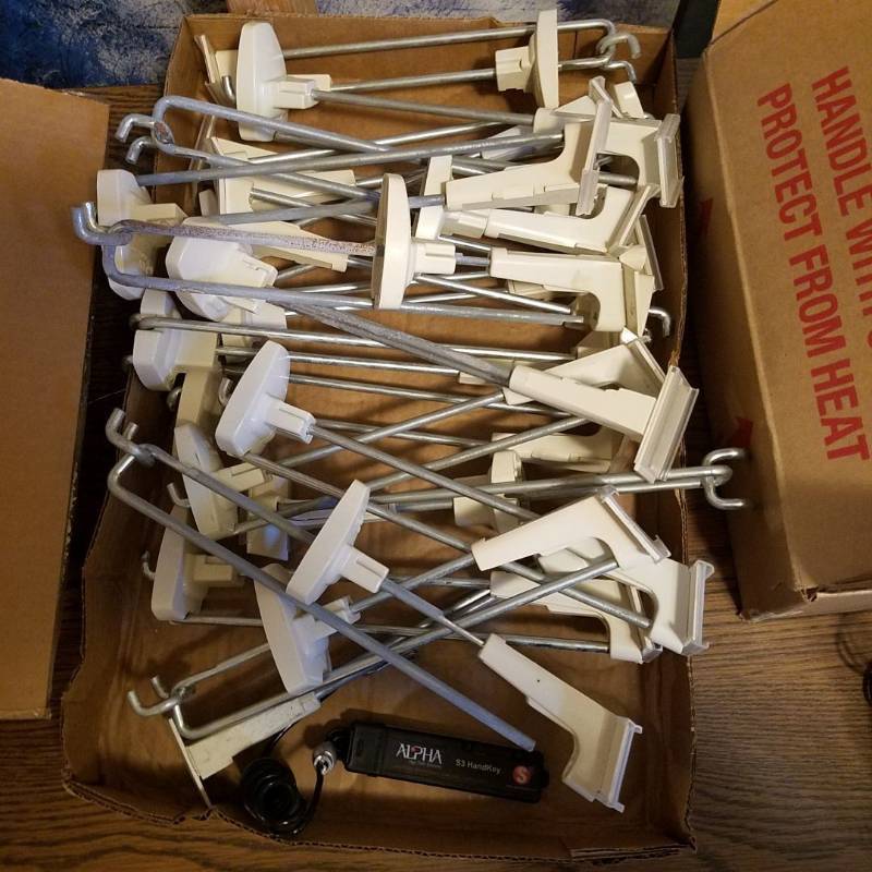 lot 3303 image: Lot of 20 locking pegboard hooks with one Alpha S3 HandKey - Note Handkey will need to be requested to view at the viewing as these are considered to be high theft items
