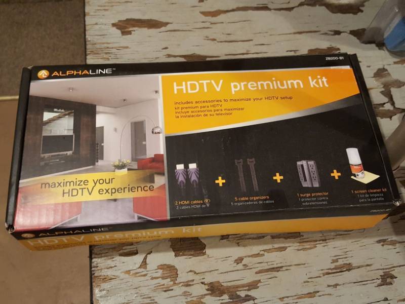 lot 3382 image: Alphaline TV Accessory Kit - HDMI Cables, Surge Protector, Cleaning Kit