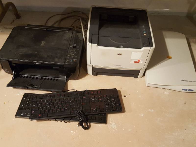 lot 3398 image: Canon mp280 printer  scanner, HP LaserJet p2015 printer, HP Scanjet 3300c and two keyboards