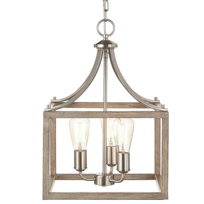 lot 7589 image: Home Decorators Collection Boswell Quarter 14 in. 3-Light Brushed Nickel Chandelier with Painted Weathered Gray Wood Accents